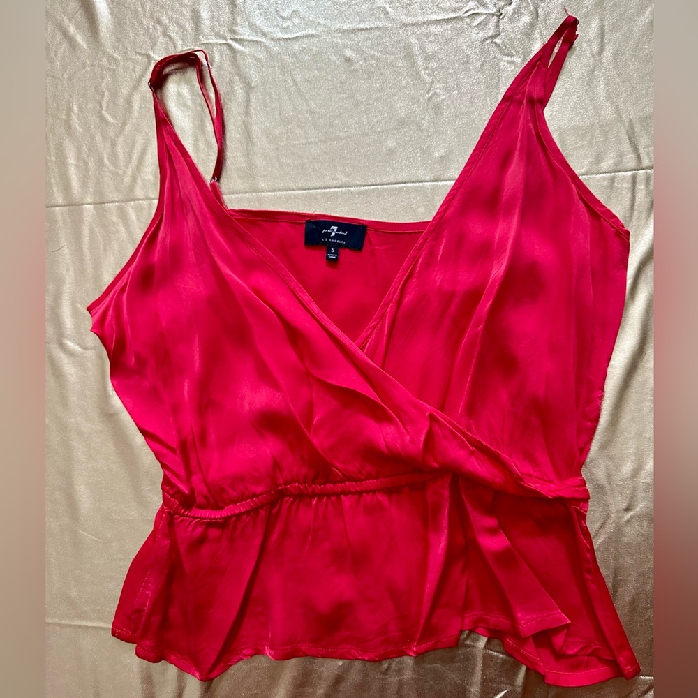 7 for all mankind cross panel, silk, peplum waist, tank top-red